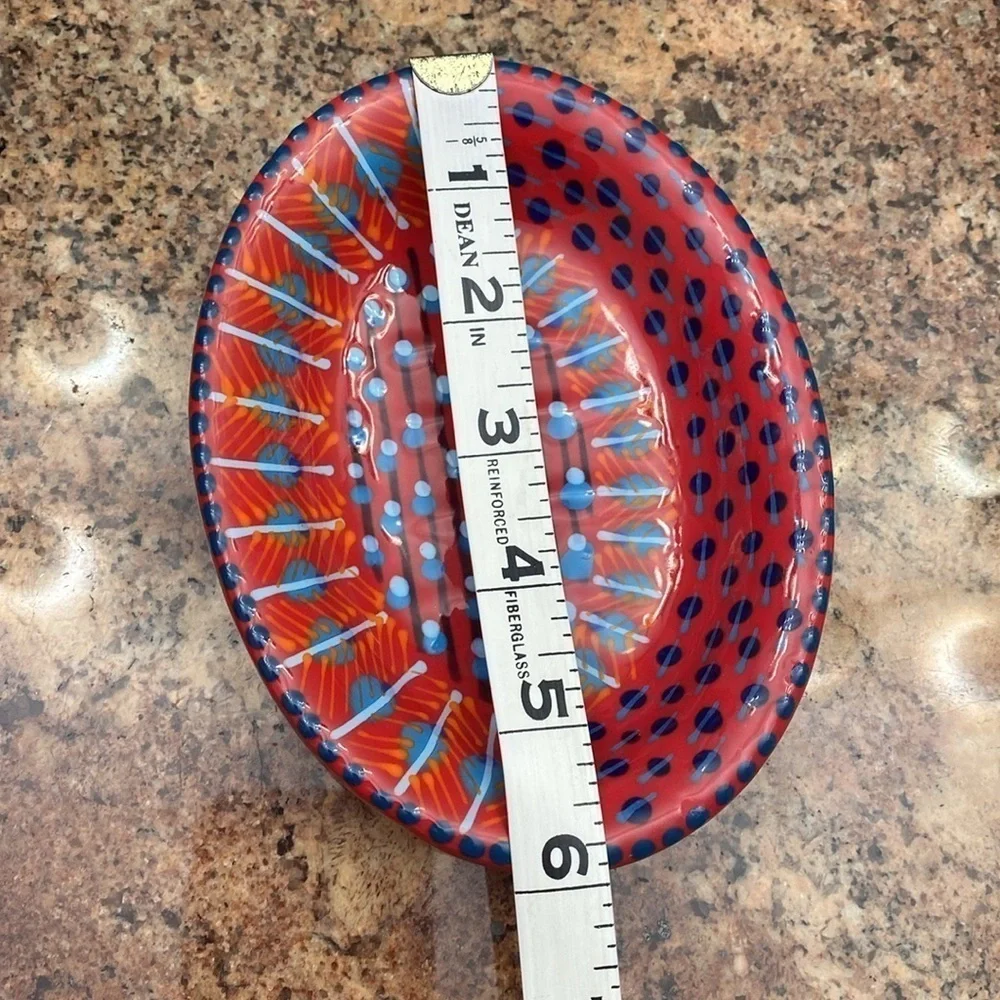Soap dish Oval Red blue Orange pottery handmade Greece drain holes Jewelry dish